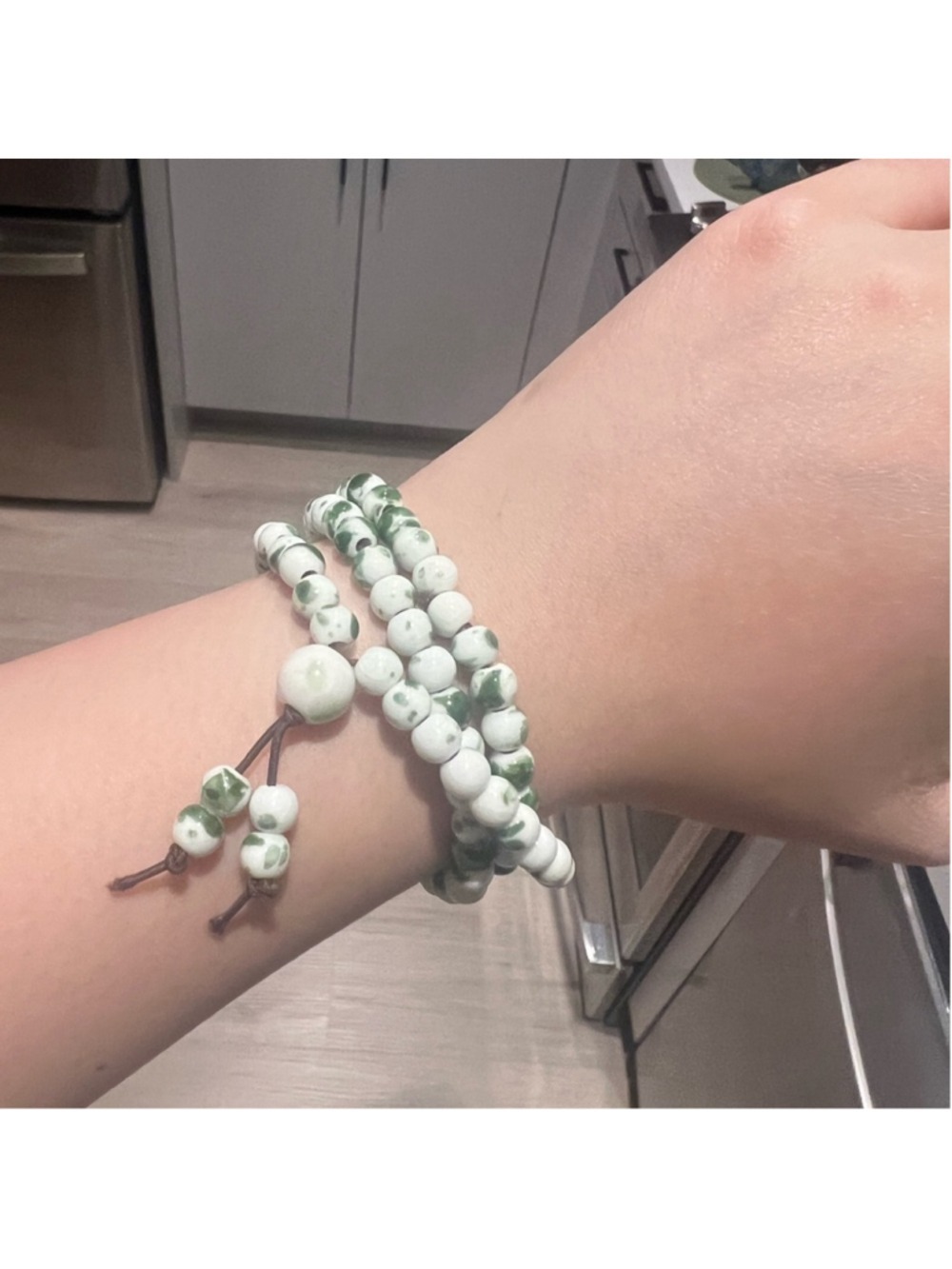 Ceramic Bead Wrap Bracelet White Green Porcelain Handmade Artisan Jewelry - Picture 2 of 5